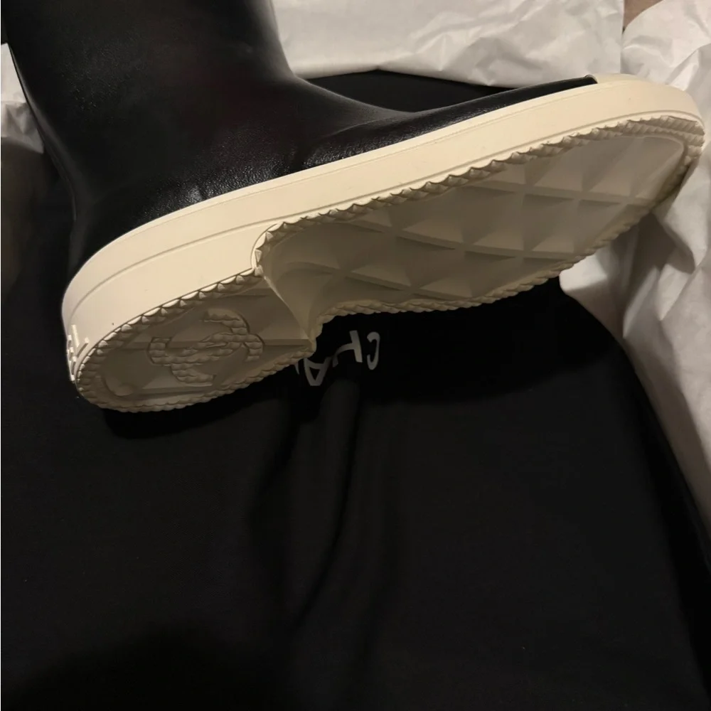CHANEL Black and White Signature Tall Rain Boots